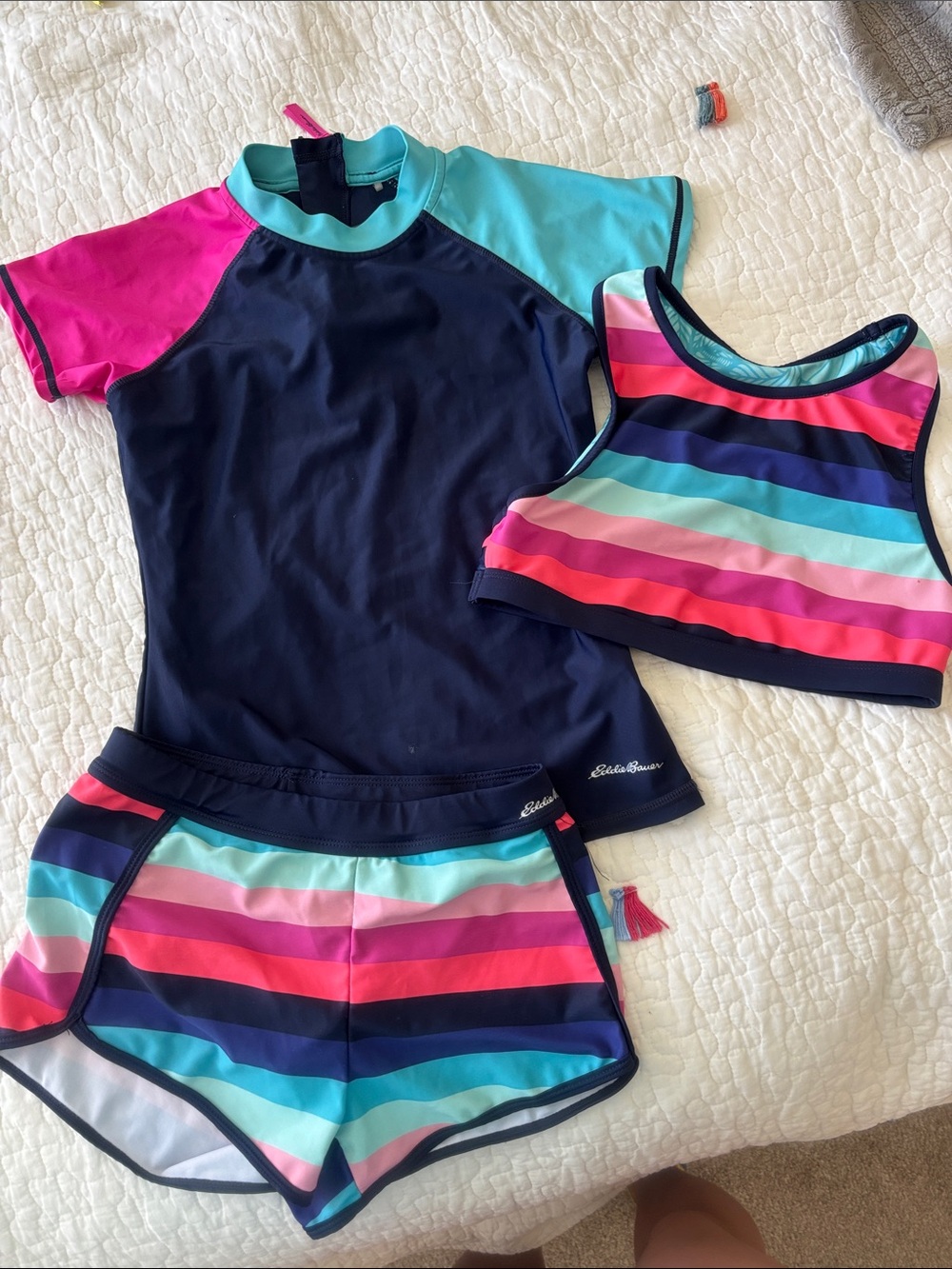 Eddie Bauer Navy Rash Guard Set with Pink, Aqua & Coral Stripes 3 pieces